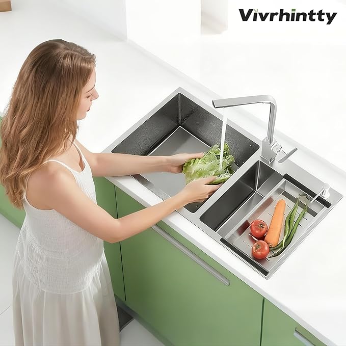 30-inch Kitchen Sink, Double Bowl Drop-in/Top-Mount 304 Stainless Steel with Nano Coating, Includes Drain Assembly & Fruit Basket for Modern Kitchen (30.7" x 16.9")