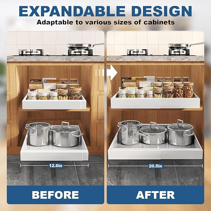 Pull-out Cabinet Organizer, ExpandableHeavy Duty Slide out Drawers Fixed with Adhesive Nano Film for Pots, Roll out Shelf Storage for Kitchen Base Cabinet Organization