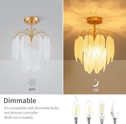 LumFurn D12 inch Glass Ceiling Light, 3-Light Modern Semi-Flushmount Close to Ceiling Light Fixture for Dining Room, Hallway & Bedroom, D12 x H16 in, Frosted Feather Glass Shade & Gold Finish Frame