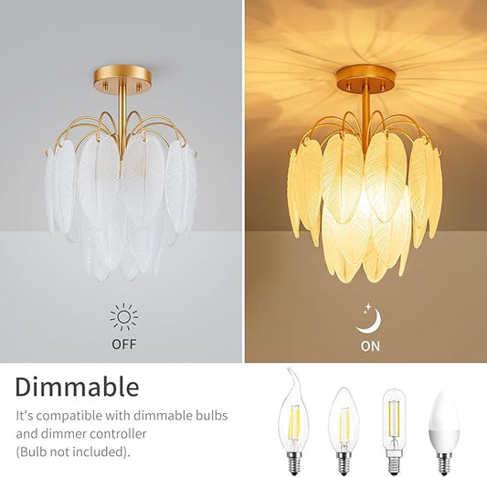 LumFurn D12 inch Glass Ceiling Light, 3-Light Modern Semi-Flushmount Close to Ceiling Light Fixture for Dining Room, Hallway & Bedroom, D12 x H16 in, Frosted Feather Glass Shade & Gold Finish Frame