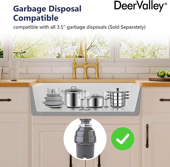 DeerValley Farmhouse Kitchen Sink 33 Inch, Fireclay White Undermount Kitchen Sink, Ceramic Apron-Front Deep Single Bowl with Stainless Steel Grid & Drain