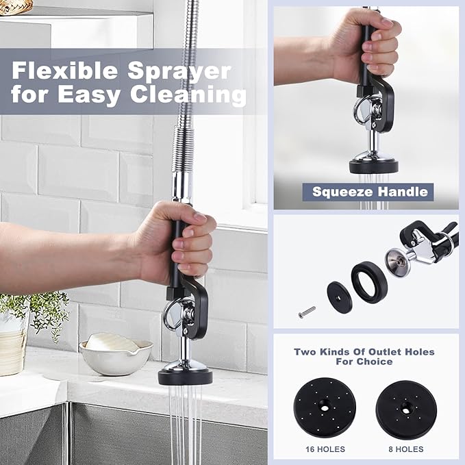 Commercial Kitchen Faucet Wall Mount with Pre-Rinse Sprayer 36" Height Wall Mount Kitchen Sink Faucet 8 Inch Center with 10" Add-on Swing Spout Faucet & Coiled Spring Pull Down Spray