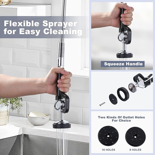 Commercial Kitchen Faucet Wall Mount with Pre-Rinse Sprayer 36" Height Wall Mount Kitchen Sink Faucet 8 Inch Center with 10" Add-on Swing Spout Faucet & Coiled Spring Pull Down Spray