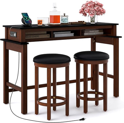 COSTWAY 3 Pieces Bar Table Set with Power Outlet, 36” Counter Height Bar Table with 2 Upholstered Bar Stools, Pub Table Set for Kitchen, Dining Room, Living Room, Small Space (Black + Walnut)