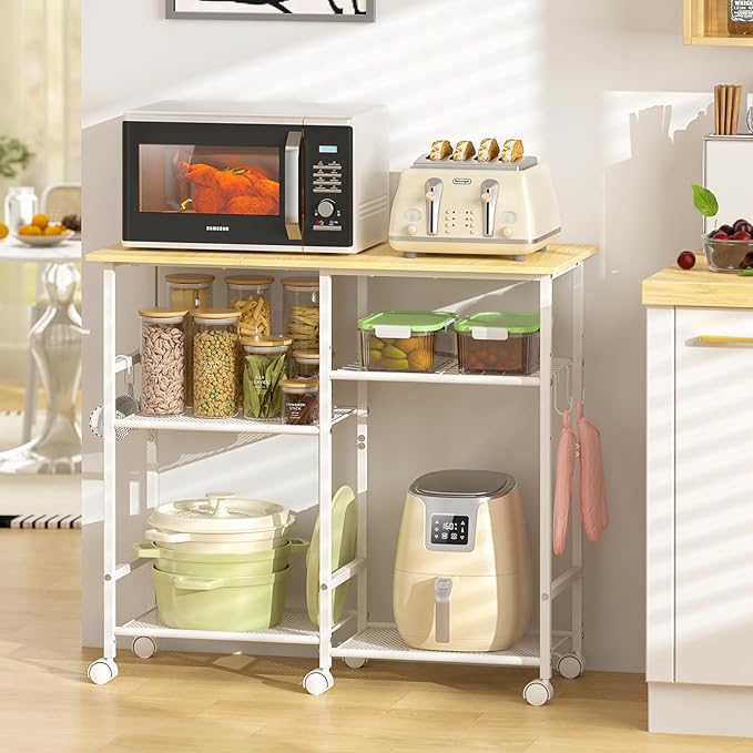 ThreeHio Kitchen Microwave Cart, Microwave Stand with Adjustable Shelf, Coffee Bar Stand Kitchen Baker's Rack with Wheels Rolling Storage Cart Organizer Shelf for Living Room, Office, Balcony