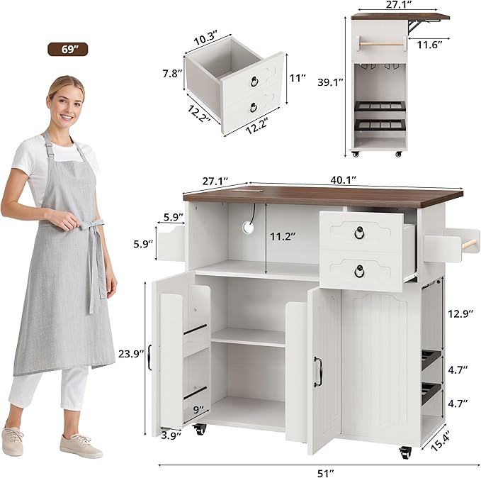 LIKIMIO 51" Mobile Kitchen Island with Drop Leaf & Power Outlet, Kitchen Rolling Island with Storage Cabinets & Drawers, Kitchen Island Cart with Glass Holder & Wine Rack for Dining Room, White