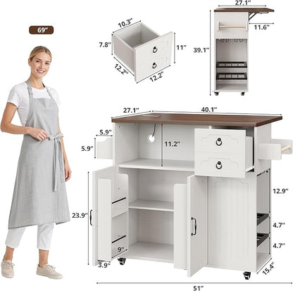 LIKIMIO 51" Mobile Kitchen Island with Drop Leaf & Power Outlet, Kitchen Rolling Island with Storage Cabinets & Drawers, Kitchen Island Cart with Glass Holder & Wine Rack for Dining Room, White