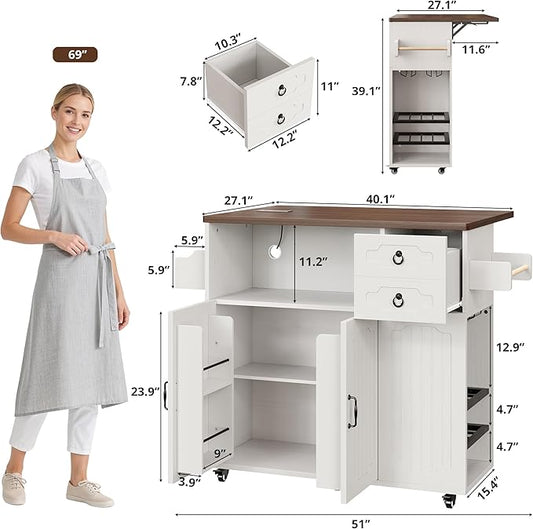 LIKIMIO 51" Mobile Kitchen Island with Drop Leaf & Power Outlet, Kitchen Rolling Island with Storage Cabinets & Drawers, Kitchen Island Cart with Glass Holder & Wine Rack for Dining Room, White