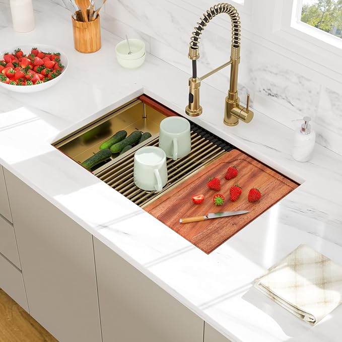 30 Gold Undermount Kitchen Sink - Beslend 30x19 Gold Double Bowl Kitchen Sinks Workstation 16 Gauge Stainless Steel Golden Sink Low Divide Double Basin 50/50