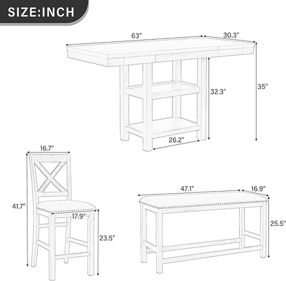 Solid Wood Counter Height Dining Table Set for 6, Expandable Bar Table with 4 Chairs and a Bench, Farmhouse Kitchen Table Set with 2-Tier Storage Shelves for Dinning Room Living Room (Gray-4.9)