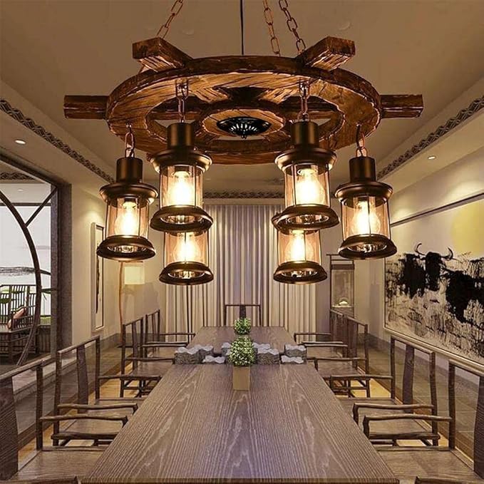 A Million Vintage Industrial Chandelier with Rudder Design, Rustic Wood Grain Color 6 E26 Socket Adjustable Hanging Chain Rustic Pendant Lighting
