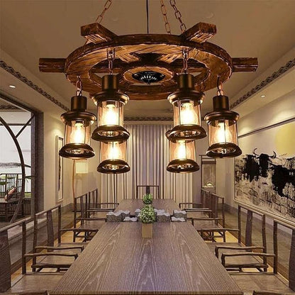 A Million Vintage Industrial Chandelier with Rudder Design, Rustic Wood Grain Color 6 E26 Socket Adjustable Hanging Chain Rustic Pendant Lighting