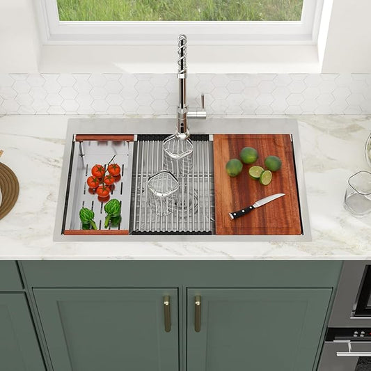 Logmey 33x19 Drop In Kitchen Sink 33 Inch Stainless Steel Workstation Sinks SUS304 16 Gauge Topmount Ledge Single Bowl Overmount Kitchen Sinks 33x19x9