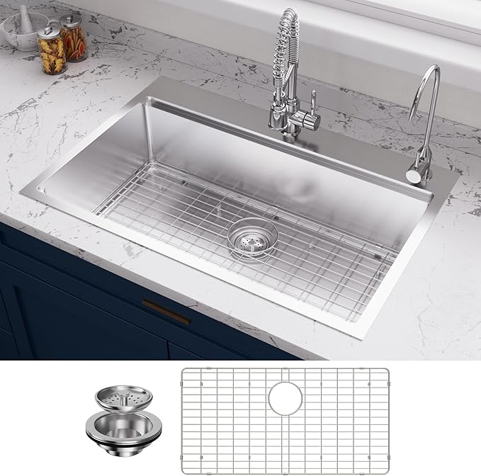 33 Undermount Kitchen Sink Modern - 33x22 Drop-in Kitchen Sinks, 18 Gauge 304 Stainless Steel Workstation Sink, Deep Single Bowl, Dual Mount, Handmade Basin, 9 Inch Deep, Built-In Accessories