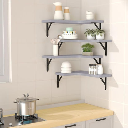 ROMGUAR CRAFT Corner Floating Shelves Wall Mounted Set of 4, Rustic Wood Storage Display Wall Shelves for Home Decor, Bathroom, Kitchen, Bedroom, Living Room, Office (Light Grey)