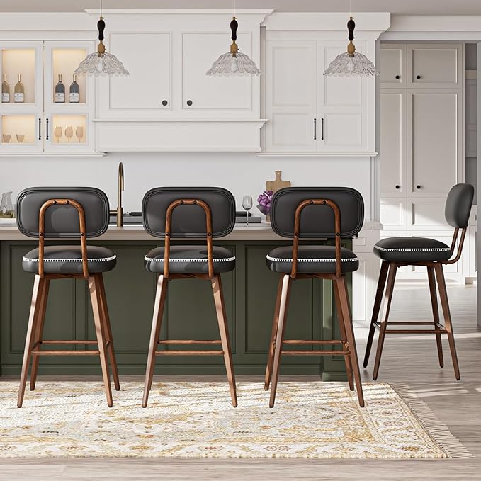 MALOL 26“ Swivel Bar Stools Set of 2, Mid Century PU Leather Counter Height Bar Chairs with Low Back and Metal Legs, Modern Bar Stool Chair for Kitchen Island, Black