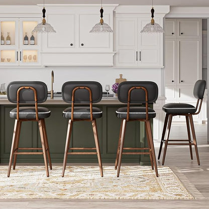 MALOL 26“ Swivel Bar Stools Set of 4, Mid Century PU Leather Counter Height Bar Chairs with Low Back and Metal Legs, Modern Bar Stool Chair for Kitchen Island, Black
