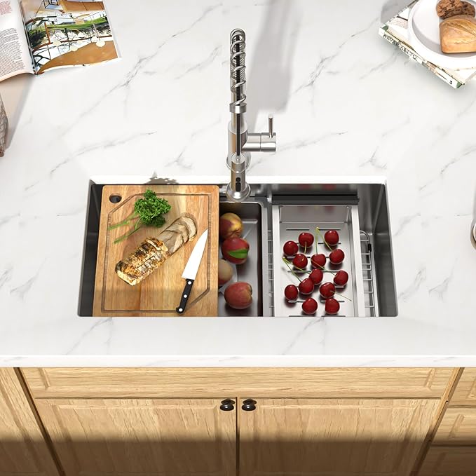 30 Inch Undermount Kitchen Sink, 16 Gauge 304 Stainless Steel Single Bowl Workstation Sink with Cutting Board, Colander, Wash Basin, Drying Rack & Bottom Grid #TLU-0030