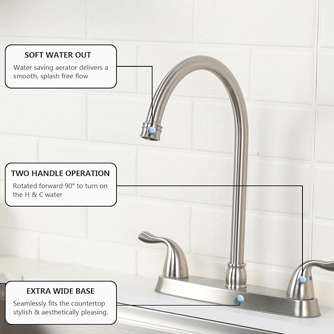 SHACO 2 Handle Kitchen Faucet, 3 Hole Kitchen Sink Faucet with Water Supply Line, Stainless Steel Brushed Nickel High Arc 360 Degree Rotating Taps for Kitchen Bar RV Camper, SC-YZLT001