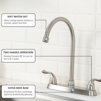 SHACO 2 Handle Kitchen Faucet, 3 Hole Kitchen Sink Faucet with Water Supply Line, Stainless Steel Brushed Nickel High Arc 360 Degree Rotating Taps for Kitchen Bar RV Camper, SC-YZLT001