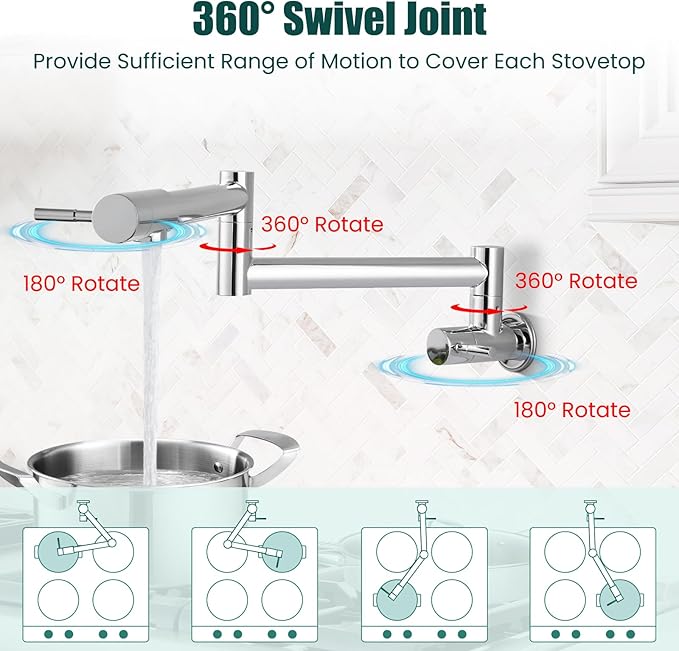 Heyalan Pot Filler 19 Inch Wall Mount Folding Stretchable Kitchen Restaurant Faucet Stainless Steel Pot Filler Double Joint Swing Arm Two Handles Commercial NPT,Straight Handle,Polish Chrome