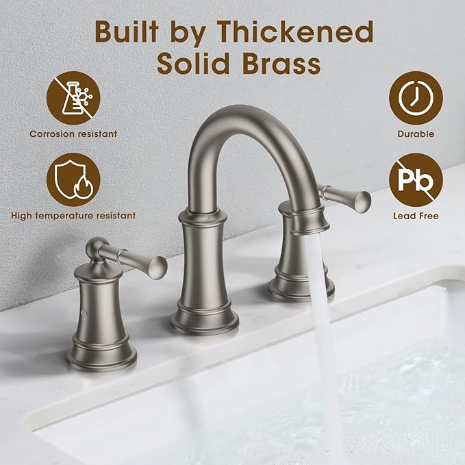 Classic Brushed Nickel Bathroom Faucet, 360° Rotatable Spout, 2 Handles, 3 Hole Widespread, Pop Up Drain & Supply Lines Included, Antique Style (L2304-BN)