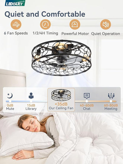 LEDIARY 23 Inch Caged Ceiling Fans with Lights, Black Flush Mount Ceiling Fan with Remote, Large Low Profile Bladeless Ceiling Fan Light Fixture for Bedroom, Kitchen, Dining Room