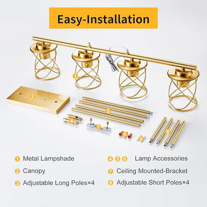 mavcadonf Kitchen Island Light, 4-Light Dining Room Lighting Fixtures Hanging, Farmhouse Linear Pendant Light for Kitchen Island Table Living Room with Adjustable Rods, Brushed Gold