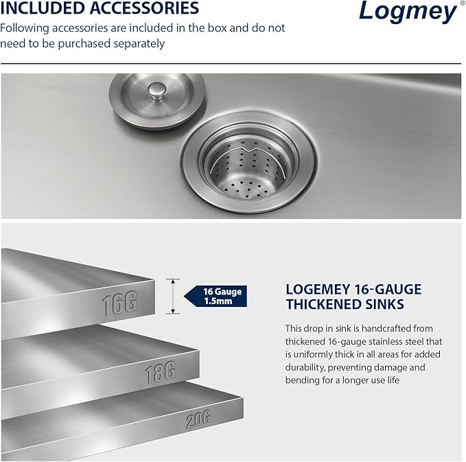36x22 Drop in Kitchen Sink 36 Inch Stainless Steel Sinks 16 Guage 304 Single Bowl 9'' Deep Sinks with Drain Assembly LMT36229