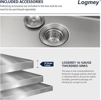 36x22 Drop in Kitchen Sink 36 Inch Stainless Steel Sinks 16 Guage 304 Single Bowl 9'' Deep Sinks with Drain Assembly LMT36229