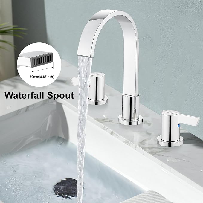 Midanya 8 inch Widespread Bathroom Sink Faucet,Modern Waterfall 3 Hole 2 Handles Bathroom Faucet 8" Vanity Faucets with Pop Up Drain and Water Supply Lines,Polish Chrome