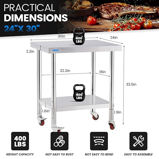 KUARBARR Stainless Steel Table for Prep & Work with 4 Caster Wheels with Adjustable Undershelf 24 x 30 NSF Metal Commercial Kitchen Worktable for Restaurant Home Outdoor | Prep & Work, 4 Caster Wheels, NSF, Commercial Kitchen, Worktable