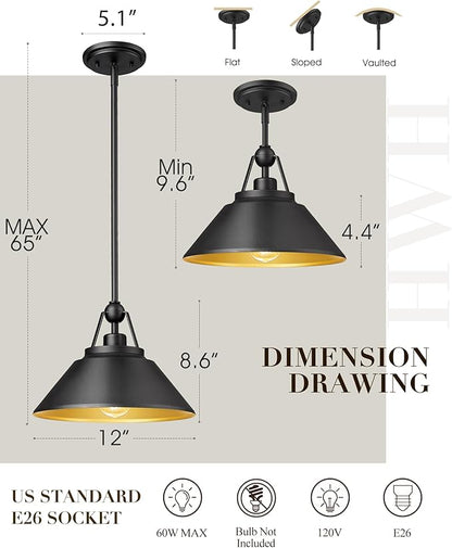 Barn Pendant Light Fixture, HWH 1-Light Hanging Lighting 12-Inch, Industrial Pendant Lights for Kitchen Island Farmhouse Dinning Room, Black and Gold Finish, 5HYS89MIL BK