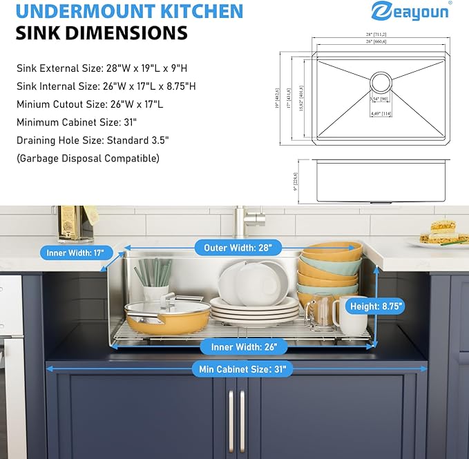 28 x 19 Inch Undermount Kitchen Sink 18 Gauge Stainless Steel Handmade Workstation Sink Round Corners Single Bowl Large Deep Under Counter Kitchen Sinks Basin, 28"x19"x9"