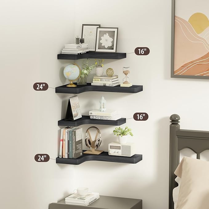 SAUMONIERES Corner Floating Shelves Wall Mount Shelf Solid Wood for Bedroom Bathroom Room Kitchen Storage Set of 3, Black, Invisible Brackets