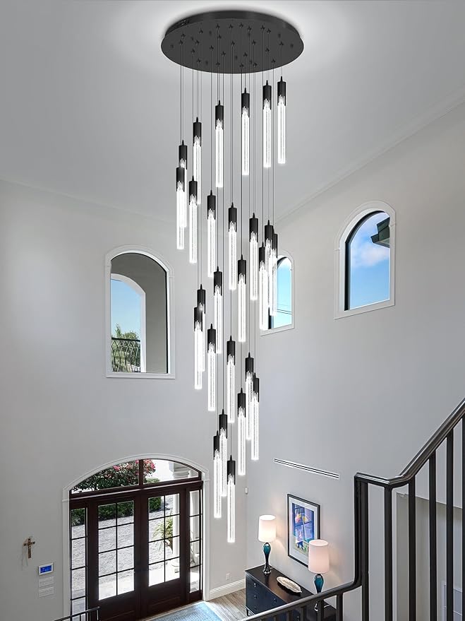 Flashing God Black 28 Lights Large Foyer Chandeliers for High Ceilings 12 feet Long Spiral Stair Pendant Chandelier Crystal Ceiling Light Fixtures Dimmable 2700k-4500k-6000k
