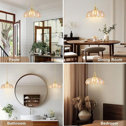 2 Pack Glass Pendant Lights Kitchen Island, Vintage Brass Pendant Light Fixtures, Adjustable Amber Kitchen Pendant Lighting Over Island for Bedroom Living Room Hallway Dining Room