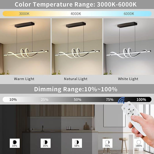 Modern LED Pendant Lights, Ceiling Chandelier Dimmable with Remote Control 3000k-6000K Adjustable Color Temperature, Aluminum Island Lighting Lamp Fixture for Kitchen, Dining Room(39in Black)