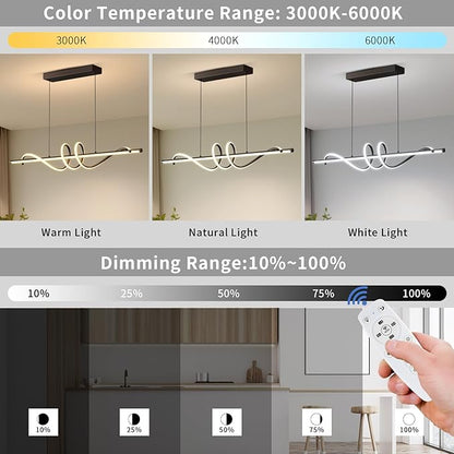 Modern LED Pendant Lights, Ceiling Chandelier Dimmable with Remote Control 3000k-6000K Adjustable Color Temperature, Aluminum Island Lighting Lamp Fixture for Kitchen, Dining Room(47in Black)