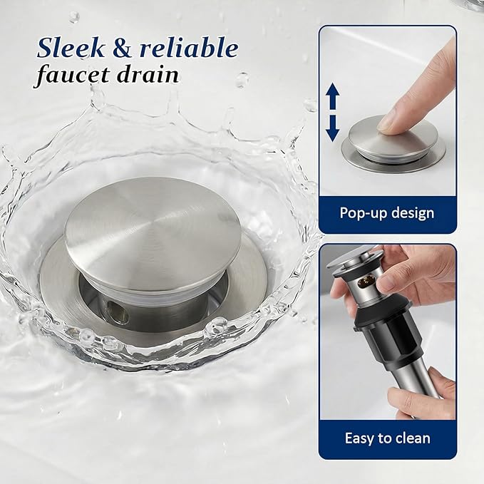 BWE Bathroom Faucet Brushed Nickel Waterfall Single Hole Matching Pop Up Drain Stopper Handle Sink Faucets Bath Vanity Lavatory Vessel Commercial Satin with Water Supply Hose