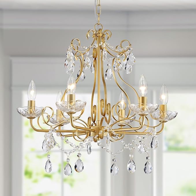 WUZUPS Crystal Candle Chandelier Pendant Flushmount Ceiling Light Modern Lighting Fixture for Bedroom Hallway Bar Kitchen Bathroom, H 22.5" x W 21.7", Gold, E12 Base