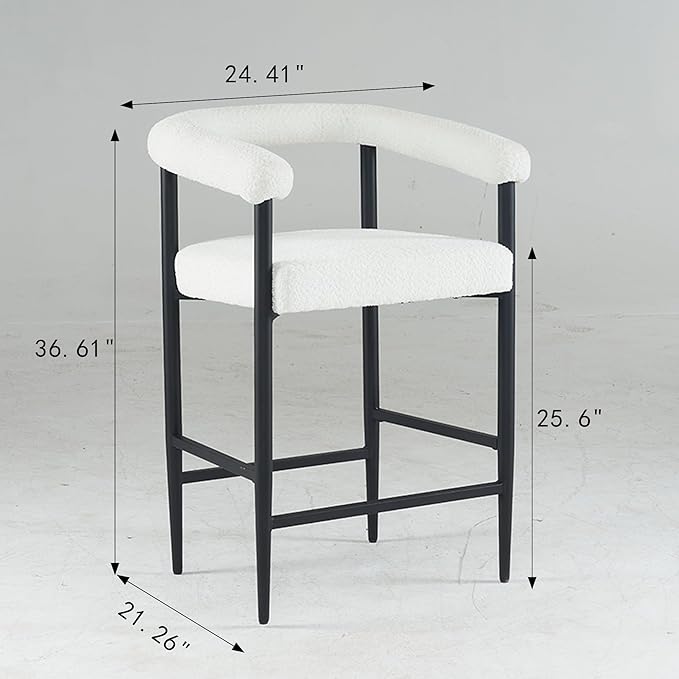 Set of 2 Modern Upholstered Bar Stools, White Boucle Fabric, 24.41”L x21.26”W x36.61”H, Metal Frame & Armrests, Counter Height for Kitchen Island/Home/Dining Room/Cafe
