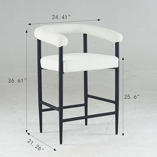Set of 2 Modern Upholstered Bar Stools, White Boucle Fabric, 24.41”L x21.26”W x36.61”H, Metal Frame & Armrests, Counter Height for Kitchen Island/Home/Dining Room/Cafe