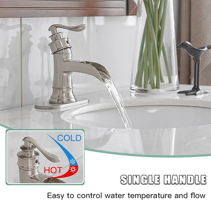 BWE Bathroom Faucet Brushed Nickel Waterfall Single Handle Hole Sink Faucets Bath Vanity Lavatory Vessel Commercial Satin with Water Supply Hose