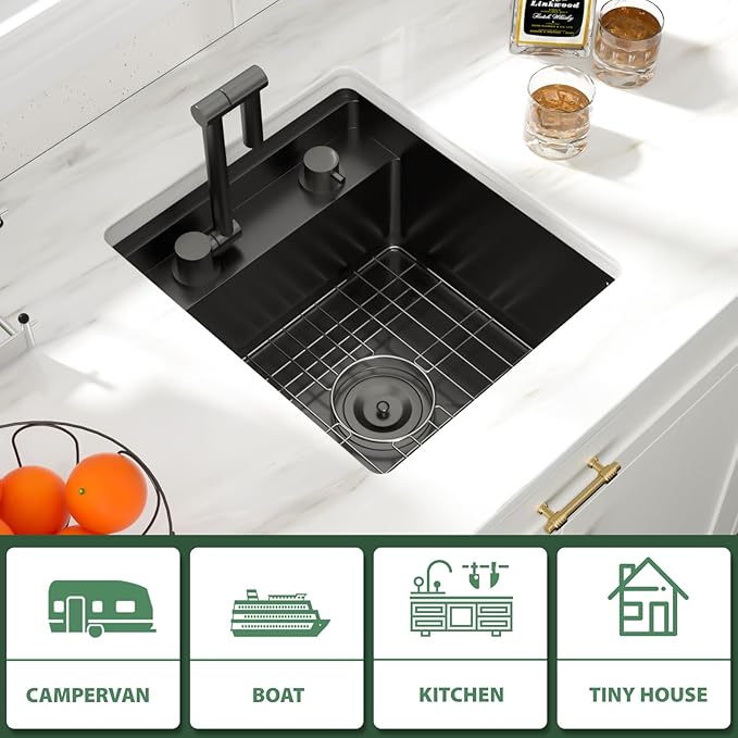 16x17 Inch Outdoor Sink Black Undermount RV Sink Workstation NANO PVD 16 Gauge Stainless Steel Single Bowl Handmade Outdoor Kitchen Sinks With Folding Faucet 16"x17"x9"