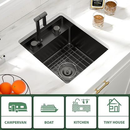 16x17 Inch Outdoor Sink Black Undermount RV Sink Workstation NANO PVD 16 Gauge Stainless Steel Single Bowl Handmade Outdoor Kitchen Sinks With Folding Faucet 16"x17"x9"