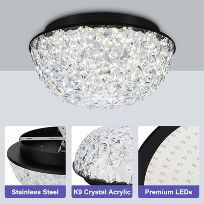 12’’ Modern Crystal Chandelier, LED Flush Mount Ceiling Light Fixture, 3/4/5000K Dimmable Ceiling Lamp for Dining Room, Entryway, Kitchen, Closet, Living Room, Bedroom, Hallway ETL Listed Black