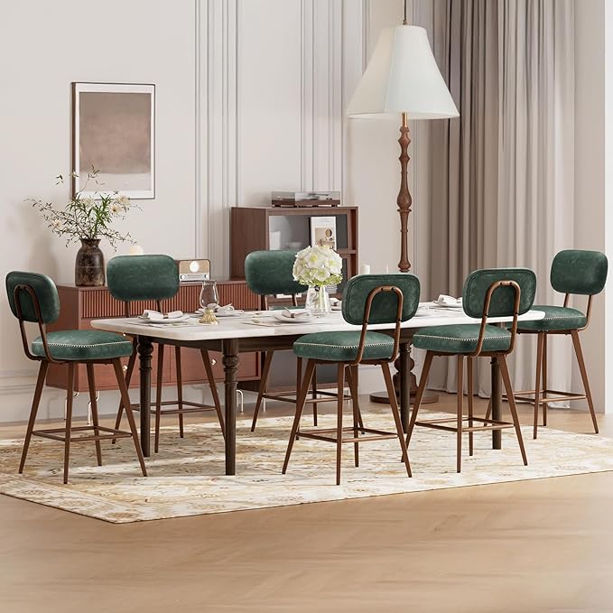 MALOL 26“ PU Leather Swivel Bar Stools Set of 4, Mid Century Counter Height Bar Chairs with Low Back and Metal Legs, Modern Bar Stool Chair for Kitchen Island, Green