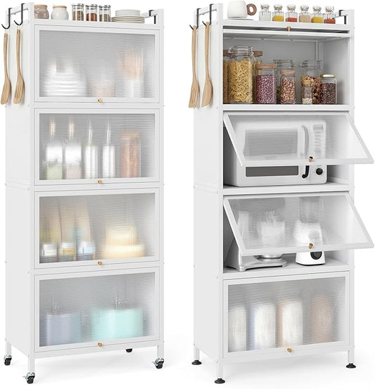 Giantex 5-Tier Kitchen Storage Cabinet, Mobile Microwave Stand with Flip-up PC Doors, Freestanding Kitchen Bakers Rack with 4 Rolling Casters, for Dining Room, Living Room and Study (White)