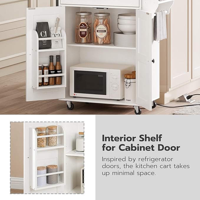 HOOBRO Kitchen Island with Power Outlet, Rolling Kitchen Island with Large Worktop, Kitchen Island Cart with Spice Rack and Drawer, Island Table for Dining Room, White and Natural WN88UZD01
